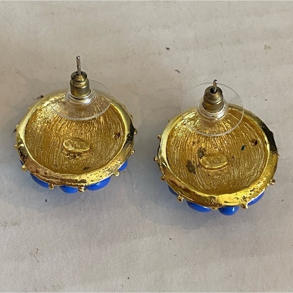 Vintage KJL by KENNETH Jay Lane Dome Cabochon Stud Earrings Navy Blue Pierce - Picture 8 of 12